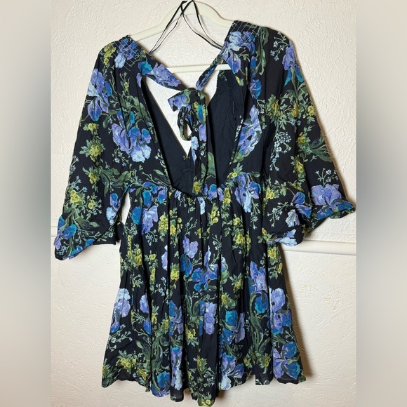Free People Black Floral Babydoll Mini Dress Balloon Sleeves Flowy Size Small - Picture 4 of 10